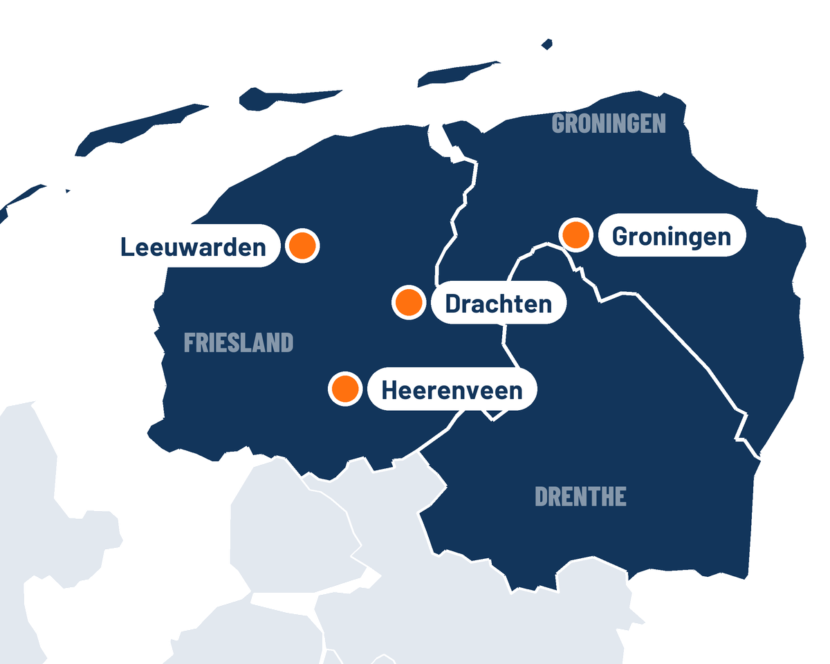 Kaart van Noord-Nederland met de opleidingslocaties Leeuwarden, Drachten, Heerenveen en Groningen